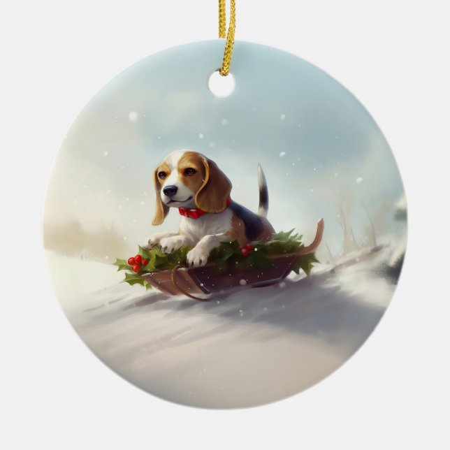 Beagle-julvintern snö julgransprydnad keramik (Framsidan)