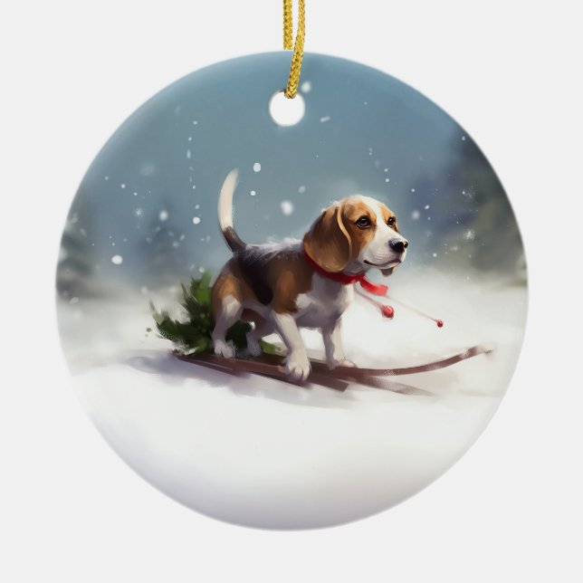 Beagle-julvintern snö julgransprydnad keramik (Framsidan)