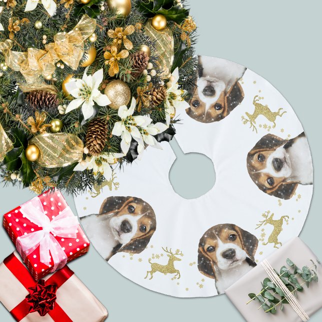 Beagle med julen Guld Glitter Hjort | Vit Julgransmatta Borstad Polyester (Skapare uppladdad)