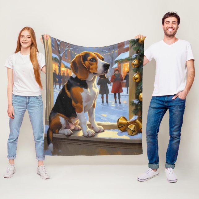 Beagle med julgransbelysning firar högtid fleecefilt (På plats)