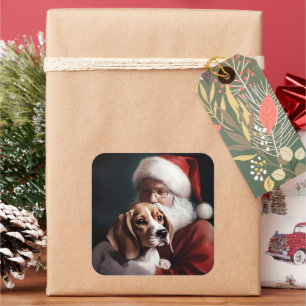 Beagle med Jultomten i julafton Fyrkantigt Klistermärke