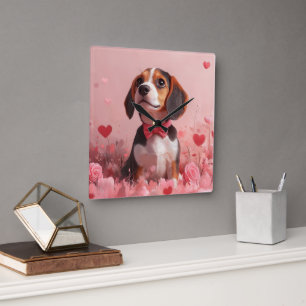 Beagle med rosor - Alla hjärtans dag Fyrkantig Klocka