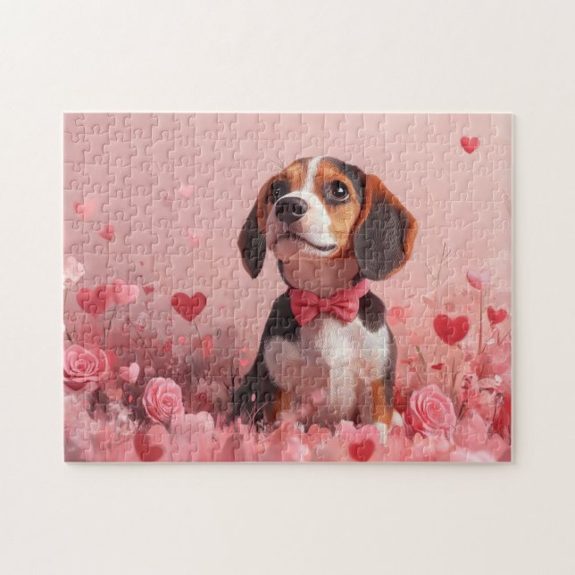 Beagle med rosor - Alla hjärtans dag Pussel (Horisontell)