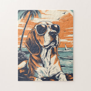 Beagle med solglasögon på stranden pussel