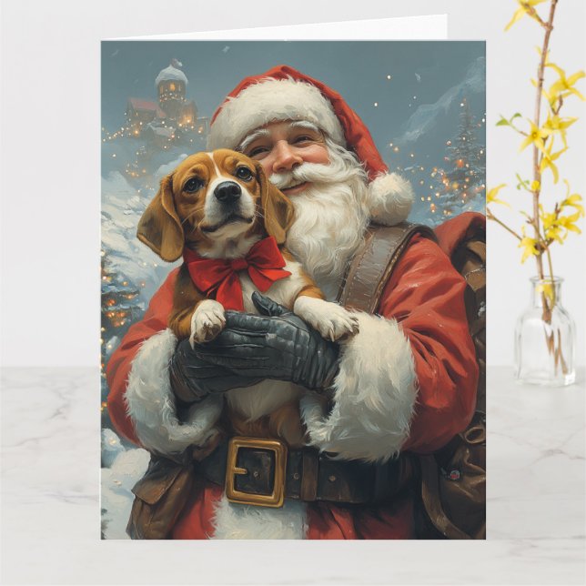Beagle med Tomte Festiv Jul Kort (Gul blomma)