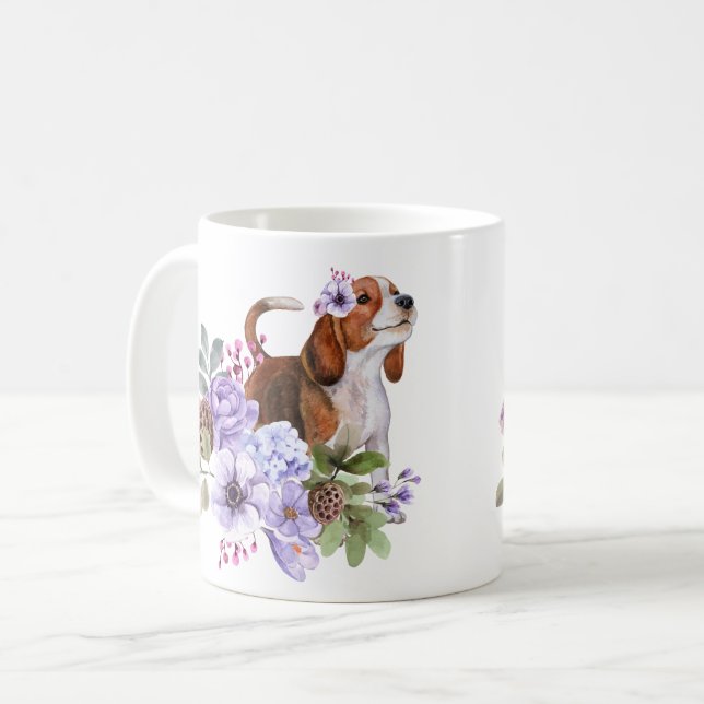 Beagle-omgiven av Lush Watercolor Flowers Kaffemugg (Framsida vänster)