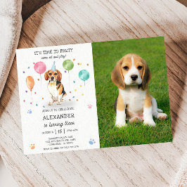 Beagle: Pawty Hund Puppy Birthday Blue Photo Inbjudningar