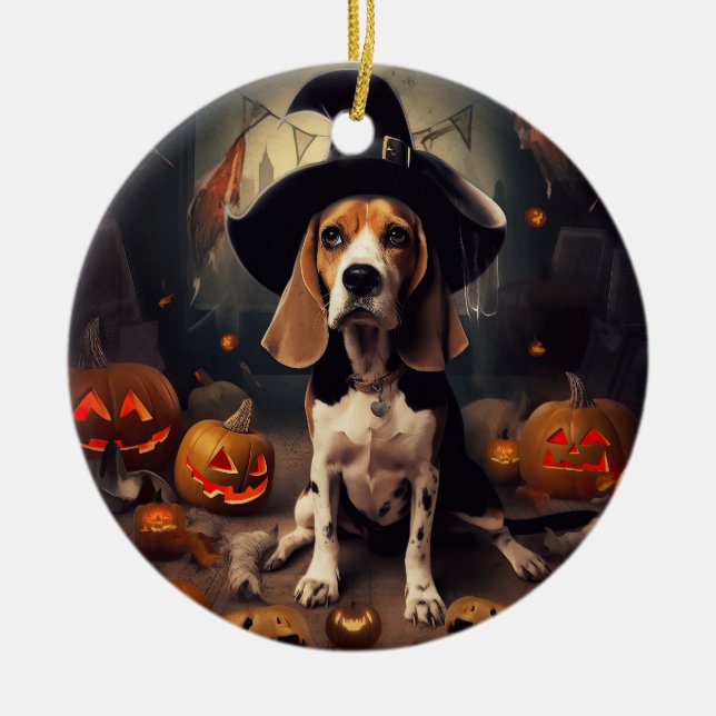 Beagle Pumpkins Halloween Scary Julgransprydnad Keramik (Framsidan)