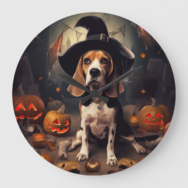 Beagle Pumpkins Halloween Skräckinjagande Stor Klocka (Framsida)