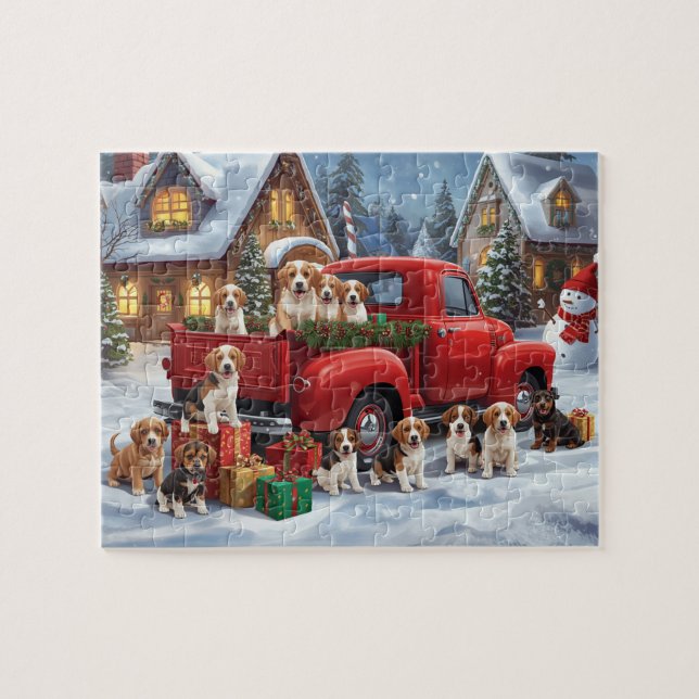 Beagle Puppies Red Truck Christmas Snow Scene Pussel (Horisontell)