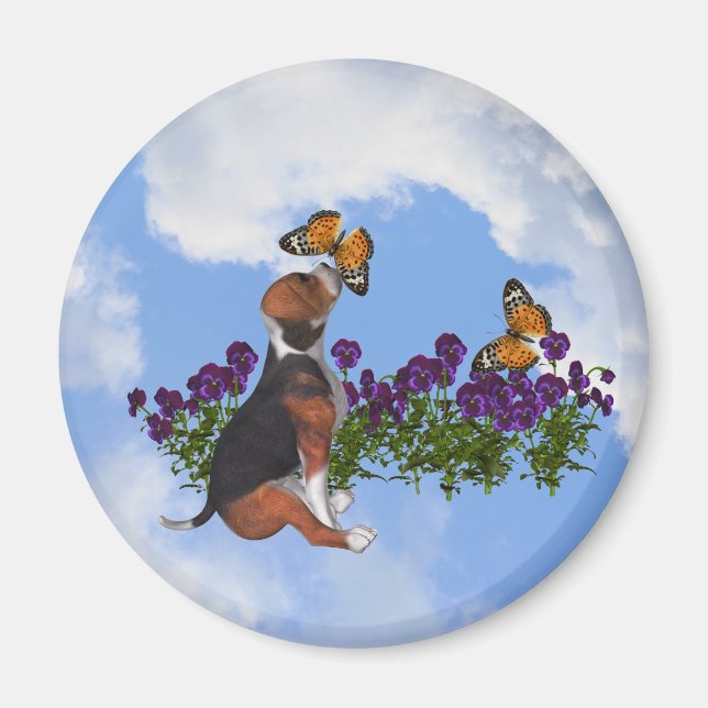 Beagle Puppy Butterflies Flowers Animal Magnet (Framsidan)