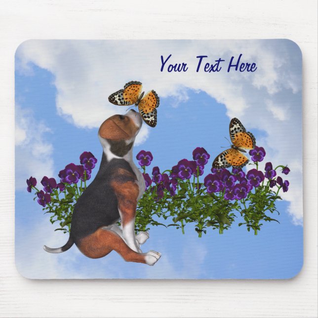 Beagle Puppy Butterflies Flowers Animal Mousepad Musmatta (Framsidan)