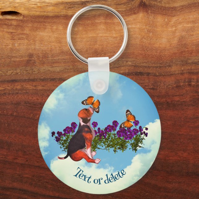 Beagle Puppy Butterflies Flowers Personlig Nyckelring (Framsida)
