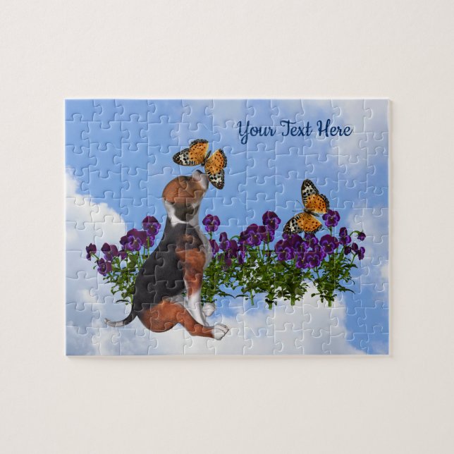 Beagle Puppy Butterflies Flowers Personlig Pussel (Horisontell)