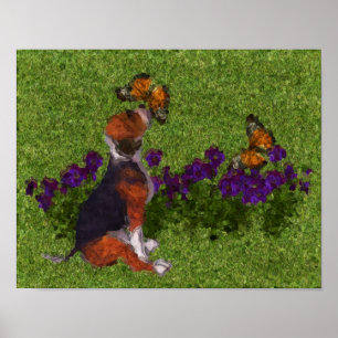 Beagle Puppy Butterflies Hund Art Fotomålning Poster