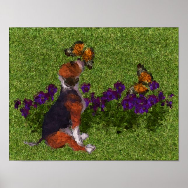 Beagle Puppy Butterflies Hund Art Fotomålning Poster (Framsidan)