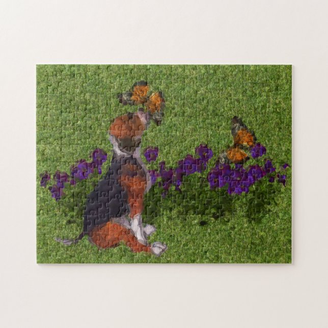 Beagle Puppy Butterflies Hund Art Fotomålning Pussel (Horisontell)