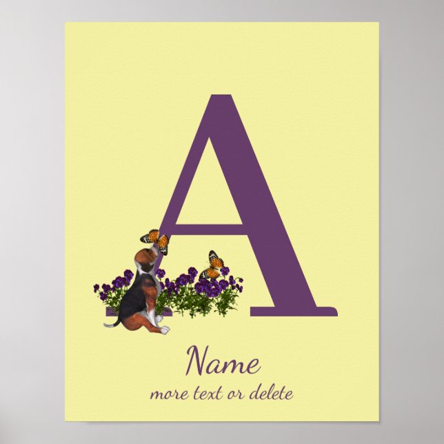 Beagle Puppy Butterflies Monogram Initial A Namn Poster (Framsidan)
