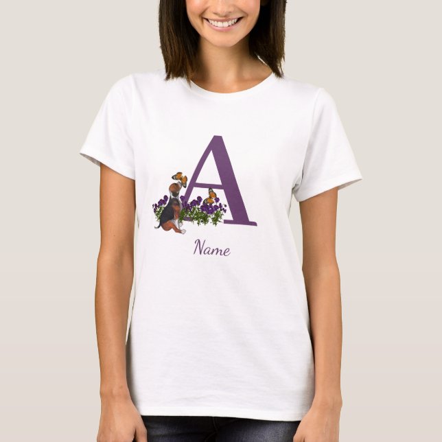 Beagle Puppy Butterflies Monogram Initial A Namn T Shirt (Framsida)
