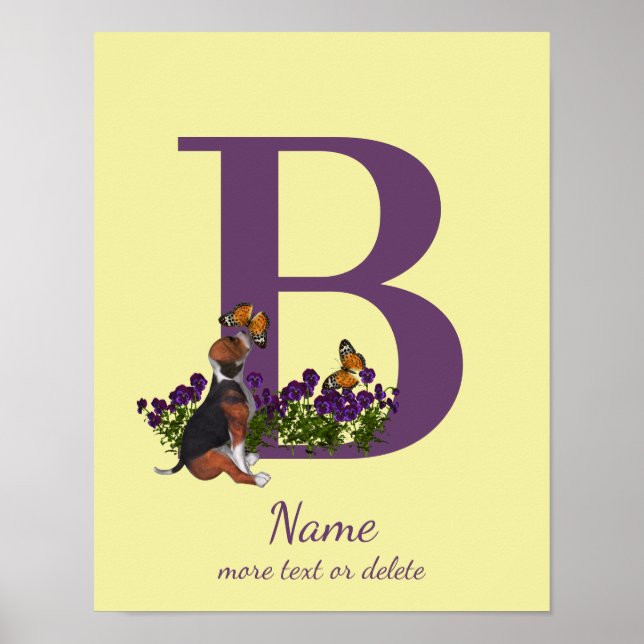 Beagle Puppy Butterflies Monogram Initial B Namn Poster (Framsidan)