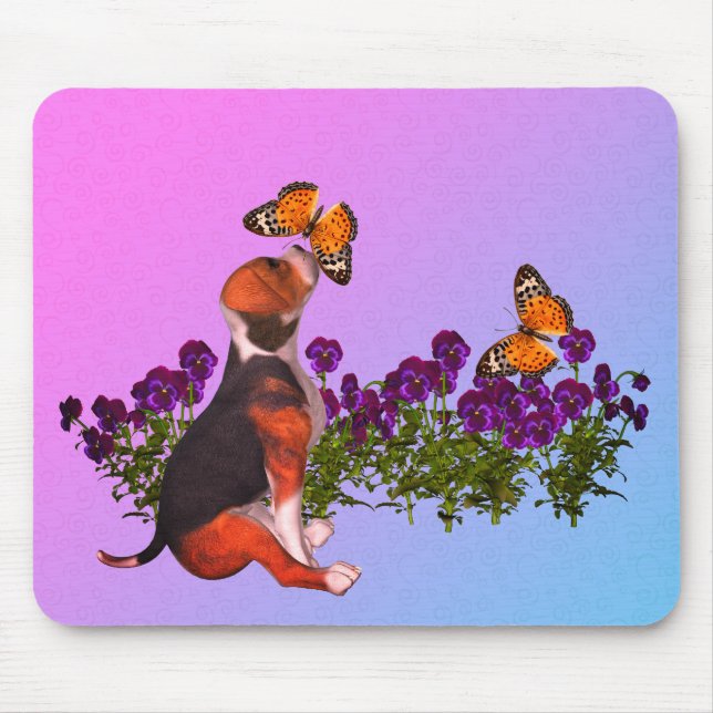Beagle Puppy Butterflies Pansies Musmatta (Framsidan)