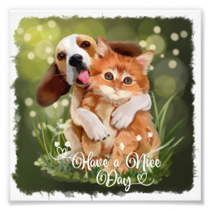 Beagle puppy hugger en ingerkatt fototryck