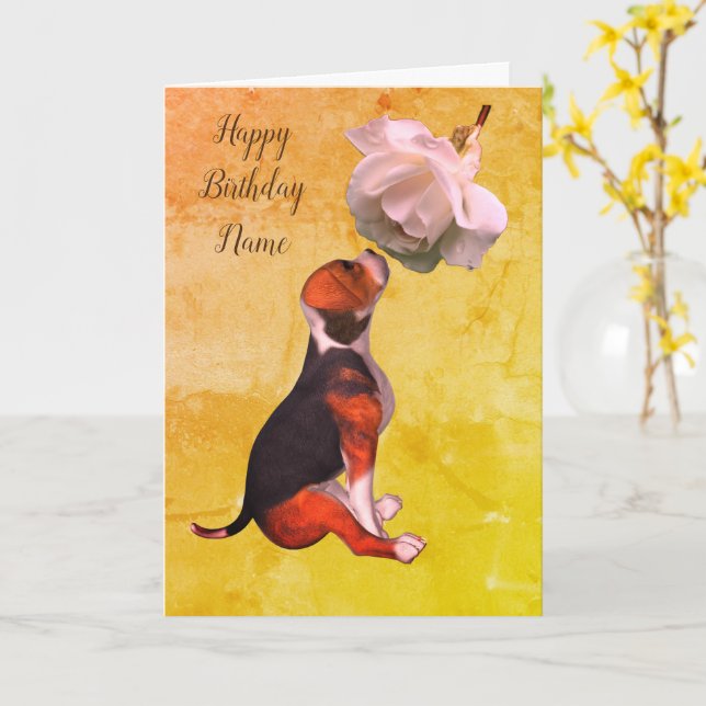 Beagle Puppy Ro Art Personlig Birthday Kort (Gul blomma)