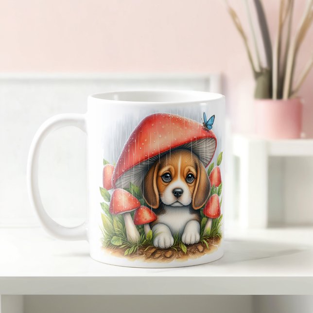 Beagle Puppy under Mushroom Umbrella Kaffemugg (Skapare uppladdad)