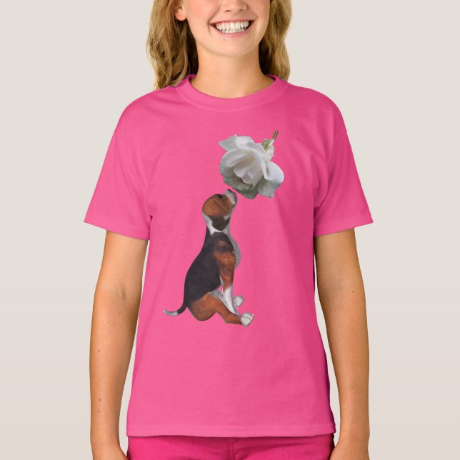 Beagle Puppy Vit ros Cute Hund T Shirt (Framsida)