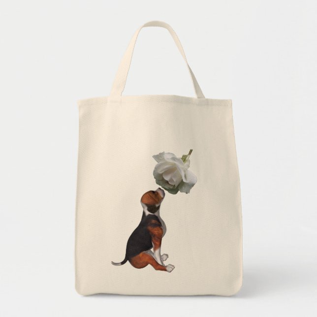 Beagle Puppy Vit ros Tote Bag Tygkasse (Framsidan)