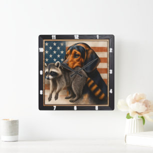 Beagle Raccoon American Flagga Fyrkantig Klocka