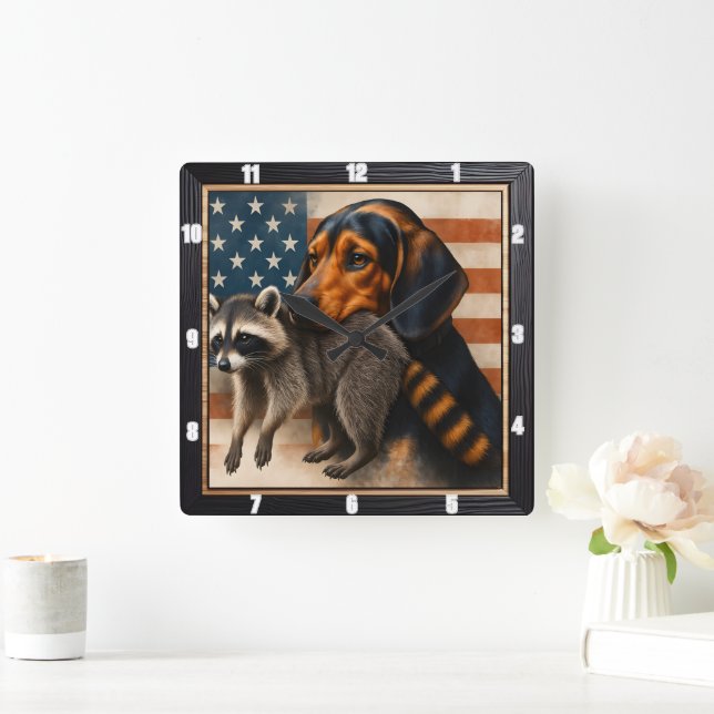 Beagle Raccoon American Flagga Fyrkantig Klocka (Hem)