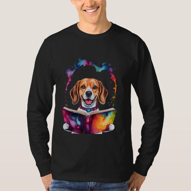 Beagle Reading Bok Hund Funny Animal Art Print Gra T Shirt (Framsida)