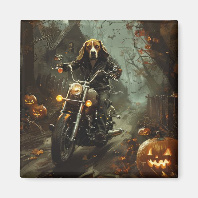 Beagle Riding Motorcycle Halloween Scary Magnet (Framsidan)