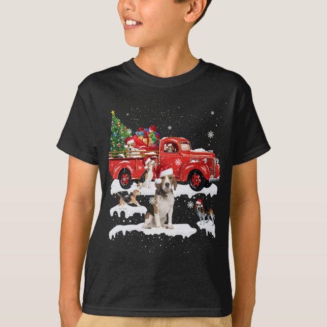 Beagle Riding Red Lastbil God jul X-mas Ugly T Shirt (Framsida)