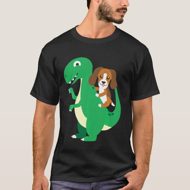Beagle Riding T Rex Coola Dinosaur Dino Hund Hallo Shirt (Framsida)