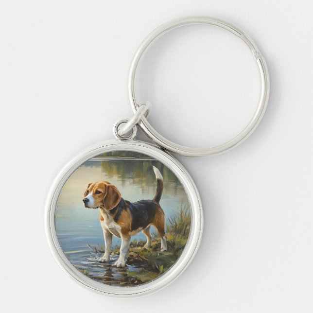 Beagle Rund Silverfärgad Nyckelring (Framsidan)