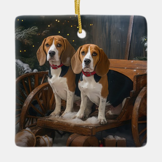 Beagle Snowy Sleigh-juldekretet Julgransprydnad Keramik (Framsida)