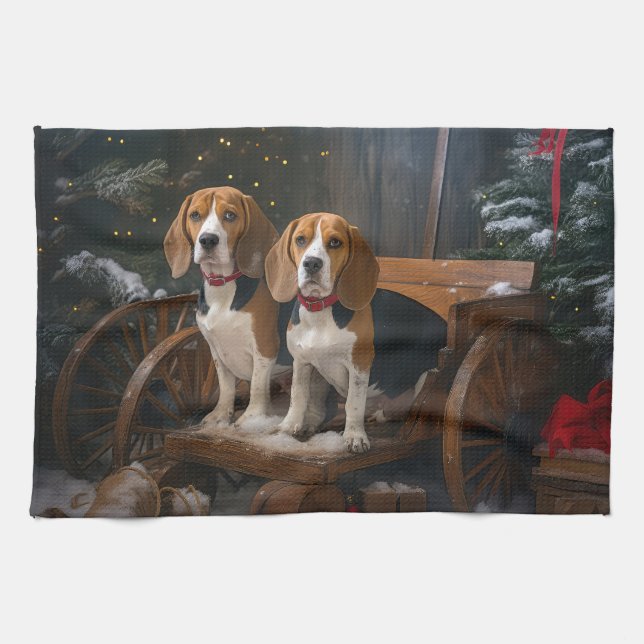 Beagle Snowy Sleigh-juldekretet Kökshandduk (Horisontell)