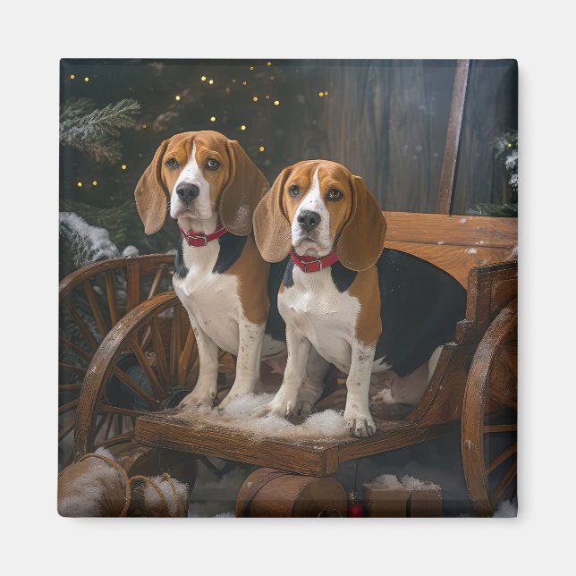 Beagle Snowy Sleigh-juldekretet Magnet (Framsidan)