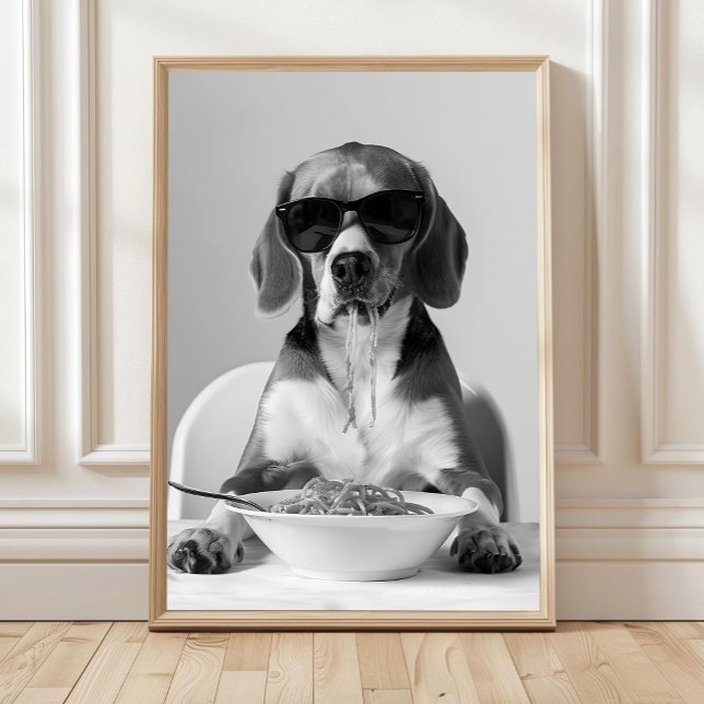 Beagle som äter pastaväggkonst, Spaghettiprint, Bl Poster (Skapare uppladdad)
