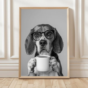 Beagle som dricker kaffe Väggkonst, Svart och Vitt Poster