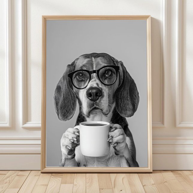 Beagle som dricker kaffe Väggkonst, Svart och Vitt Poster (Skapare uppladdad)