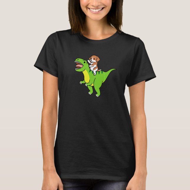 Beagle som rider på Rex dinosaur hund T Shirt (Framsida)
