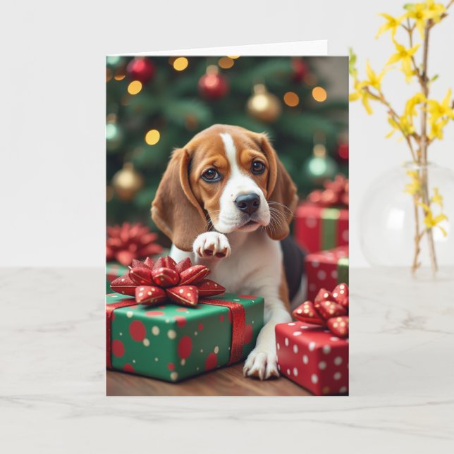 Beagle som slår in julklappar julmålning kort (Gul blomma)