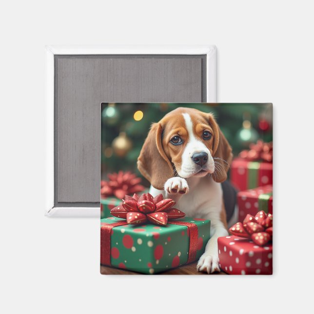 Beagle som slår in julklappar julmålning magnet (Front/Back)