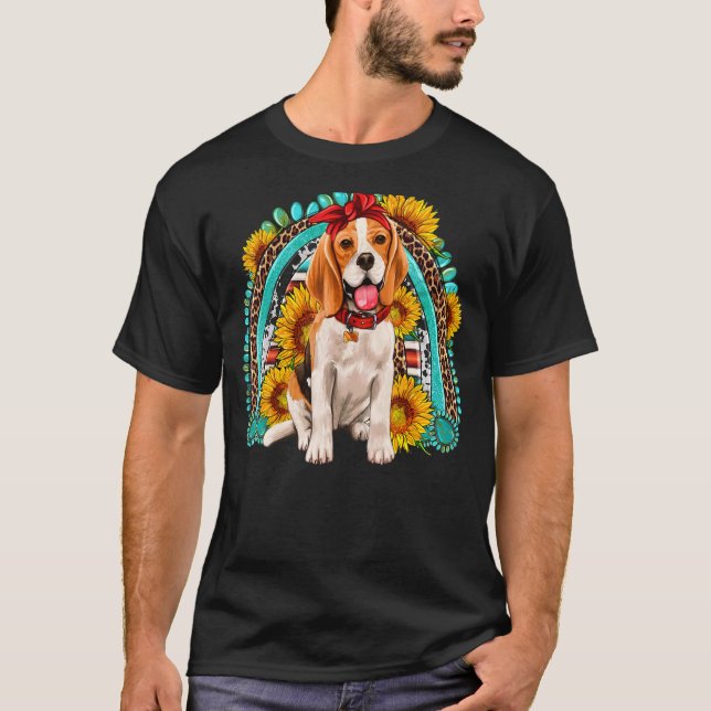 Beagle Sunflower Ädelsten Regnbåge Beagle Leopard  T Shirt (Framsida)