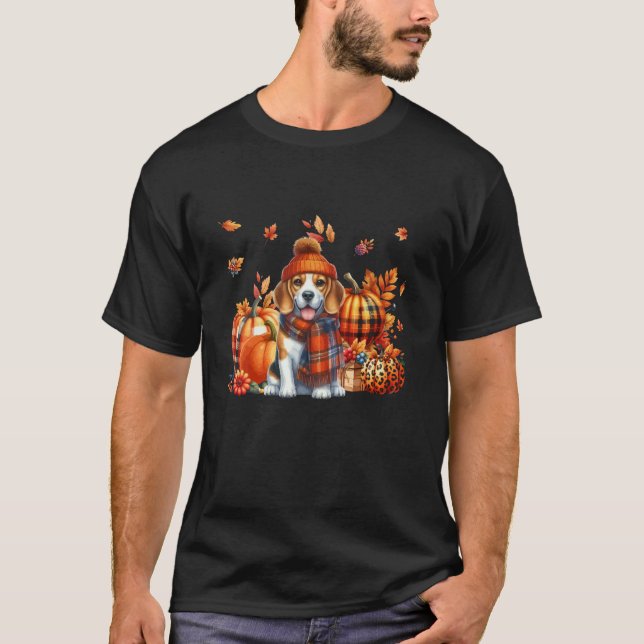 Beagle Thanksgiving Leopard Pumpkins Höst löv L T Shirt (Framsida)