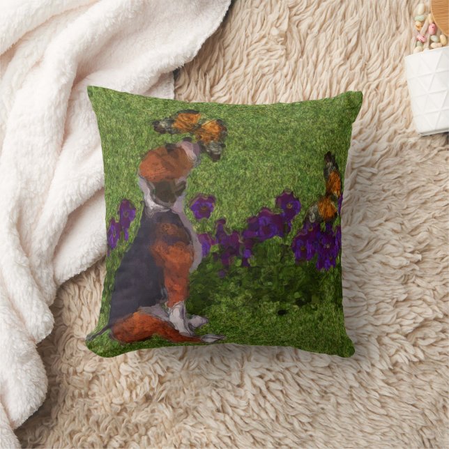 Beagle Valp Fjärilar Blommor Hund Konst Kudde (Filt)