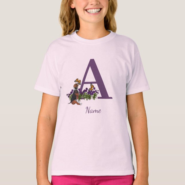 Beagle Valp Fjärilar Monogram Initial A Namn   T Shirt (Framsida)